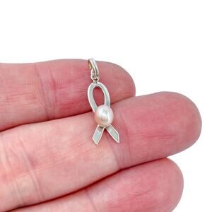 Estate Sterling Silver 925 Awareness Ribbon Pearl Charm